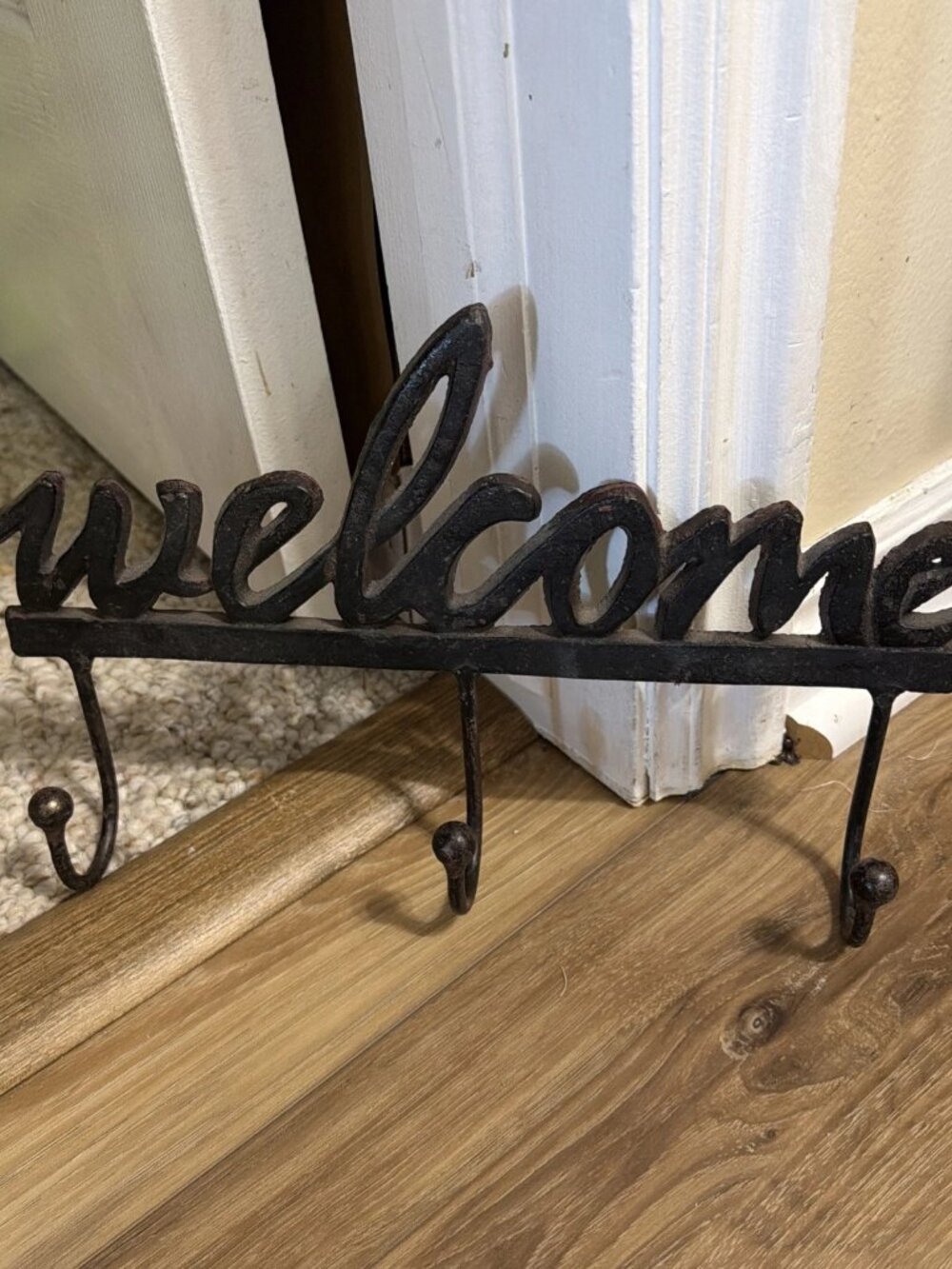 Vintage Cast Iron Welcome 3 Hook Wall Mount Coat Hanger